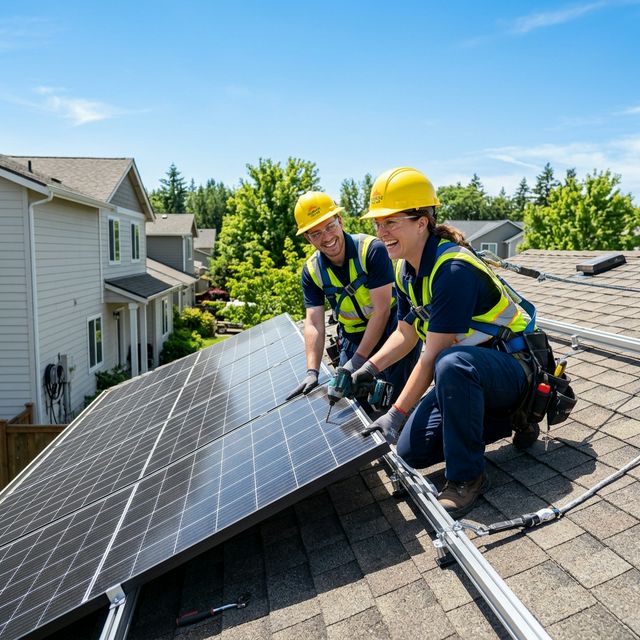 Profissionais instalando painéis solares na Factor Solar